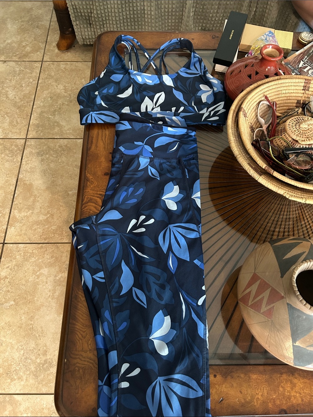 2 Piece Technibond Navy and Light Blue Floral Cross-Back Active Set